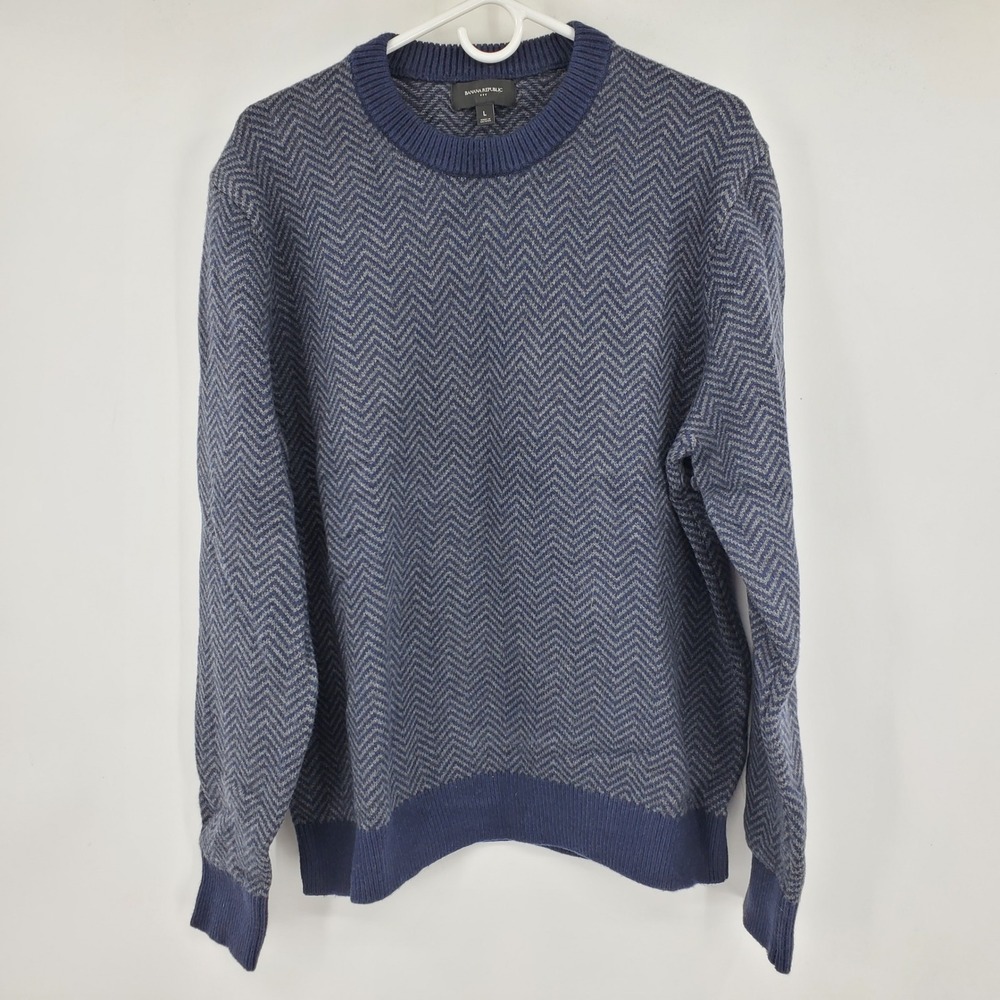 Banana Republic Men's Cozy Herringbone Knit Crew Neck Sweater Blue Grey Large